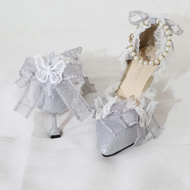 Elegant Lolita Lace High Heels Loli Wedding Dress Shoe Fairy Women Tea Party Butterfly Bow Lolita Sandals Feminine Cosplay Anime