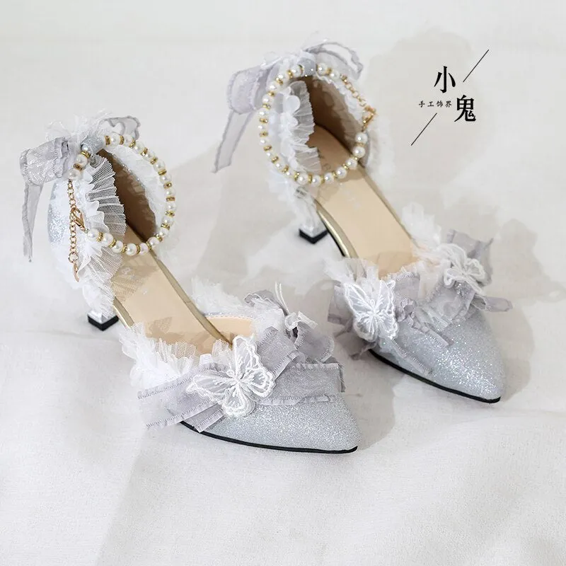 Elegant Lolita Lace High Heels Loli Wedding Dress Shoe Fairy Women Tea Party Butterfly Bow Lolita Sandals Feminine Cosplay Anime