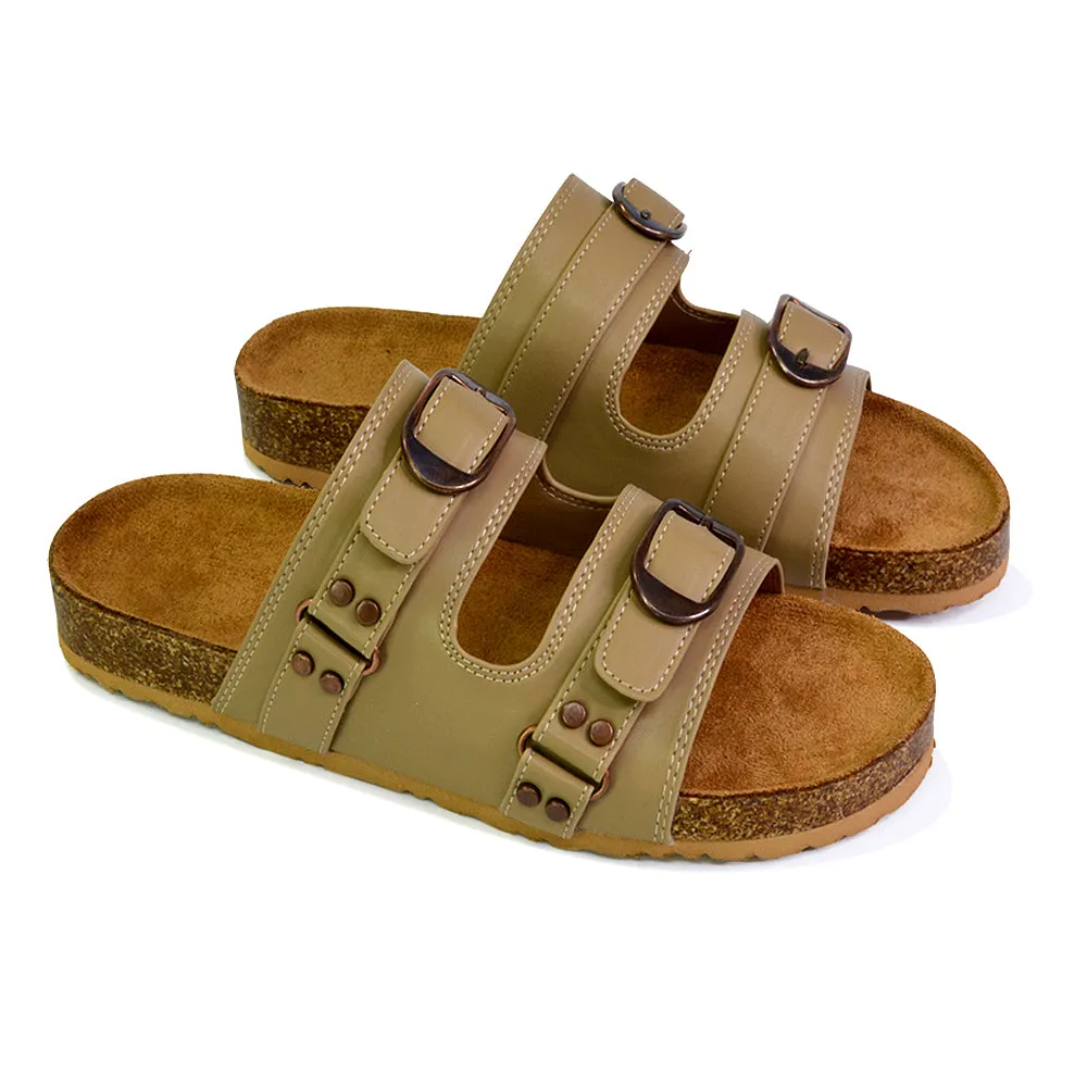 Evan Strappy Slip On Mule Summer Holiday Buckle Flat Sandals Sliders in Taupe