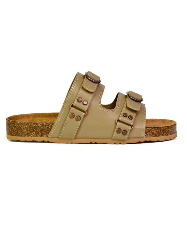 Evan Strappy Slip On Mule Summer Holiday Buckle Flat Sandals Sliders in Taupe