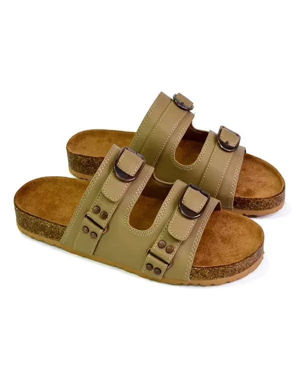 Evan Strappy Slip On Mule Summer Holiday Buckle Flat Sandals Sliders in Taupe