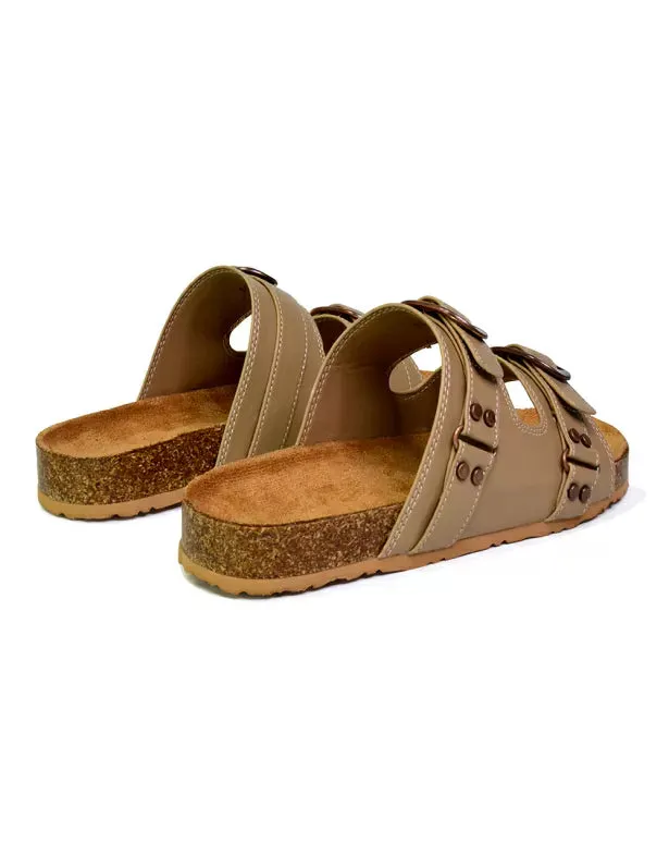 Evan Strappy Slip On Mule Summer Holiday Buckle Flat Sandals Sliders in Taupe