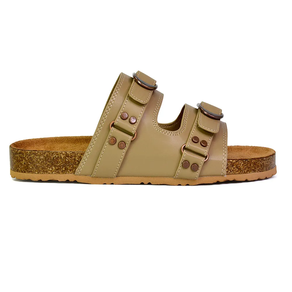 Evan Strappy Slip On Mule Summer Holiday Buckle Flat Sandals Sliders in Taupe