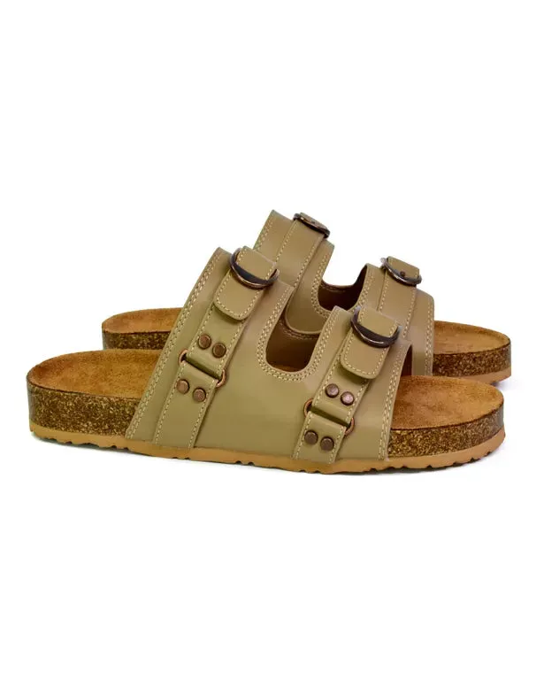 Evan Strappy Slip On Mule Summer Holiday Buckle Flat Sandals Sliders in Taupe