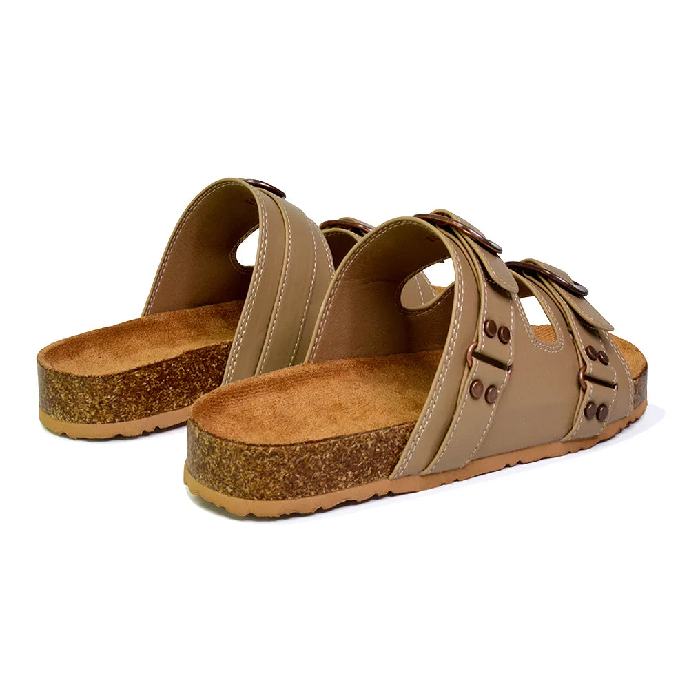 Evan Strappy Slip On Mule Summer Holiday Buckle Flat Sandals Sliders in Taupe