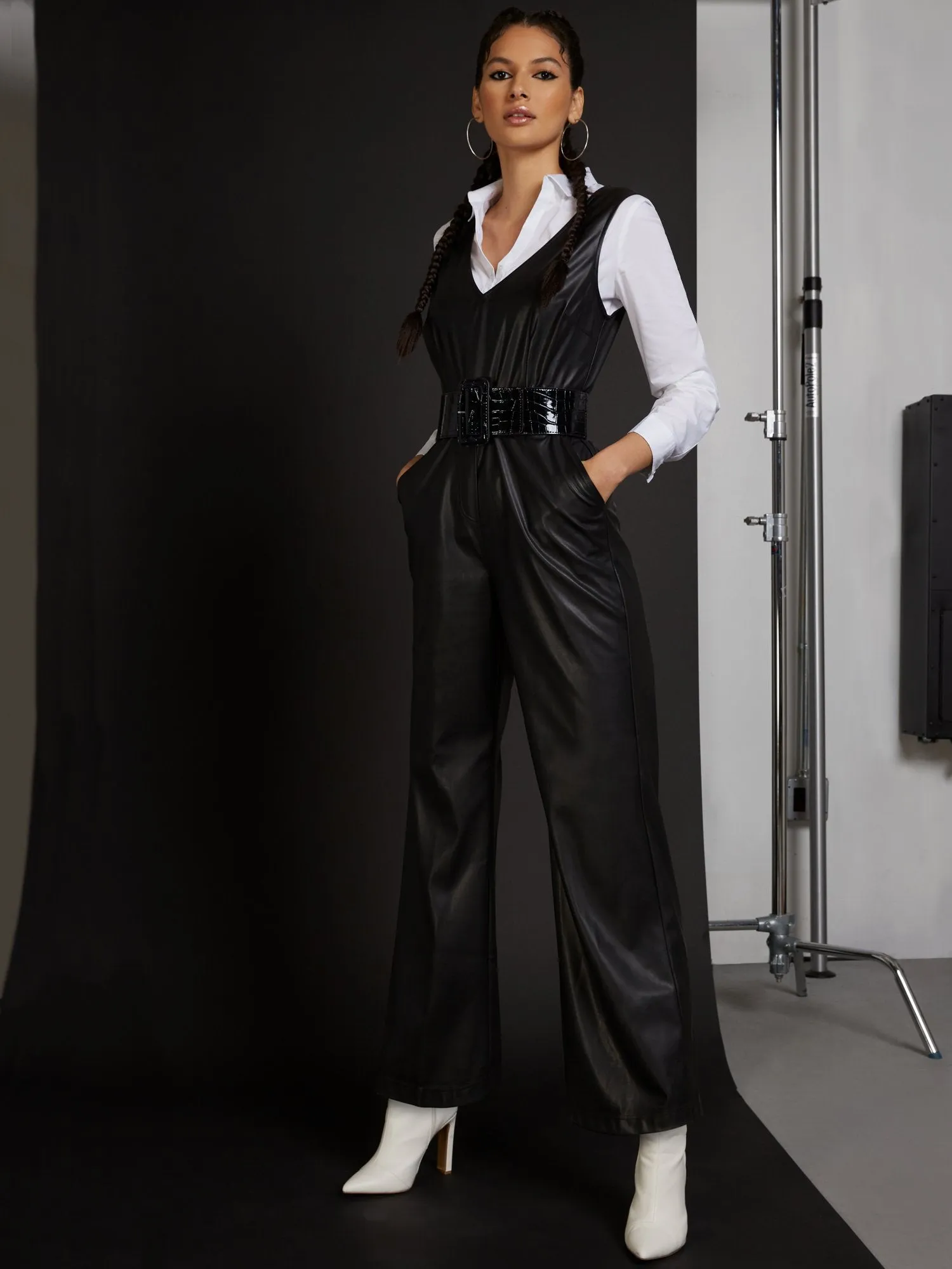 Faux-Leather V-Neck Jumpsuit