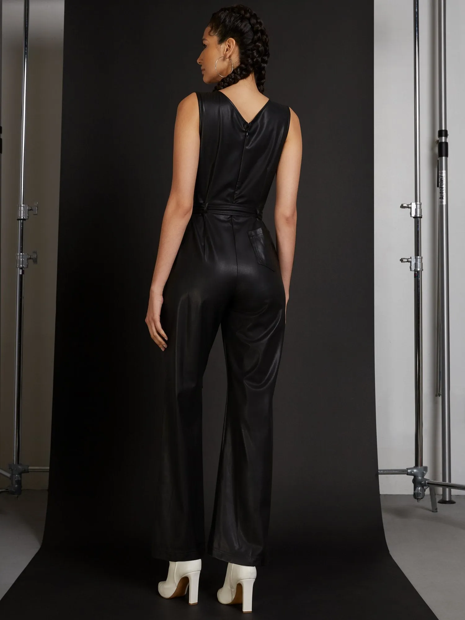 Faux-Leather V-Neck Jumpsuit