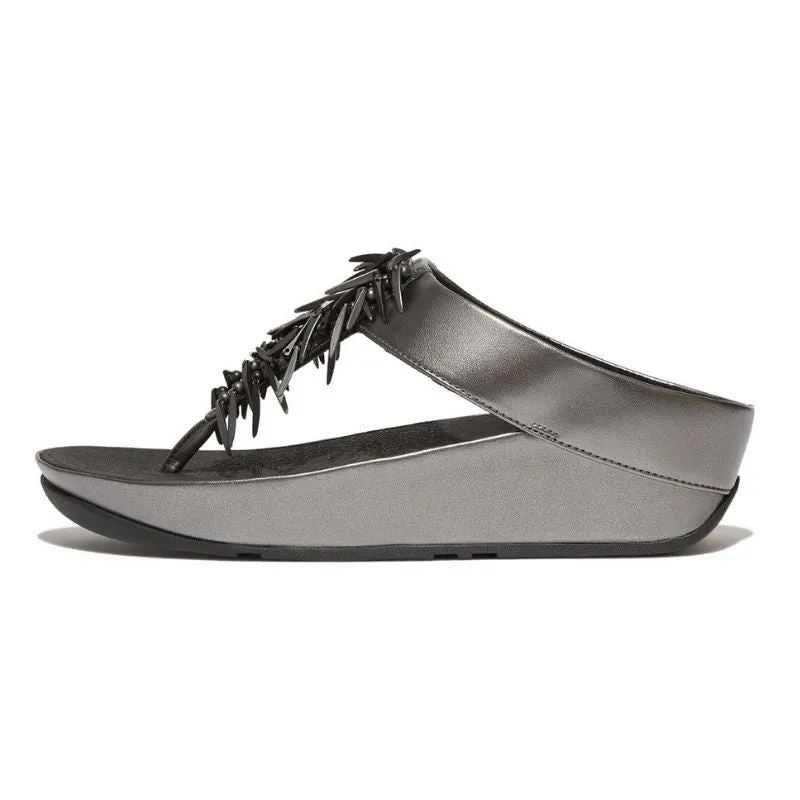 Fitflop Rumba Beaded Metallic Pewter Black Toe-Post Women's Slides