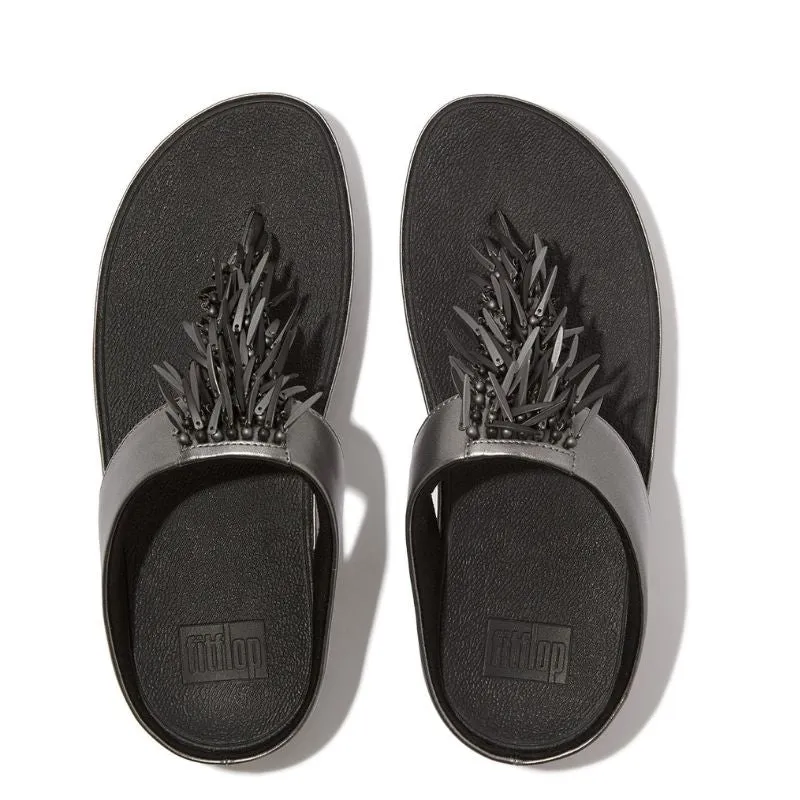 Fitflop Rumba Beaded Metallic Pewter Black Toe-Post Women's Slides