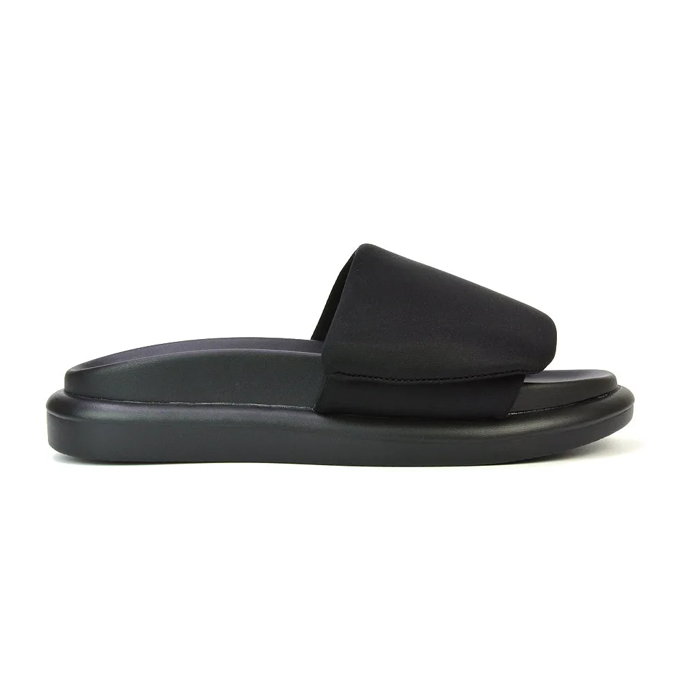 Geri Slip On Adjustable Strap Flatform Slider Flat Sandals in Black