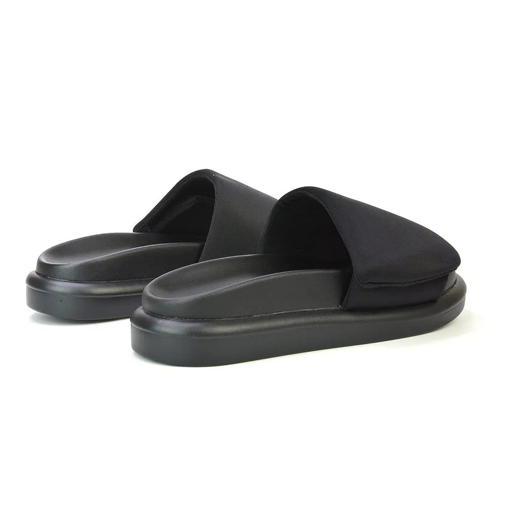 Geri Slip On Adjustable Strap Flatform Slider Flat Sandals in Black