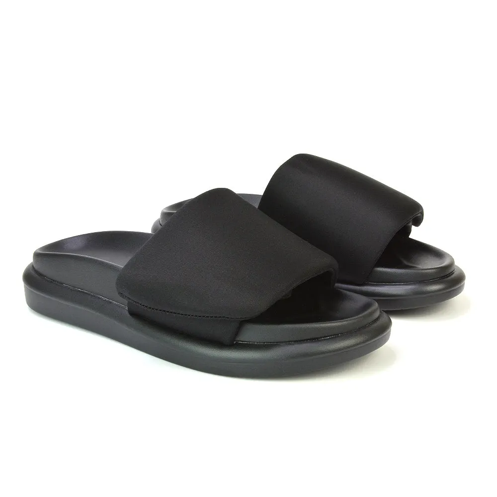 Geri Slip On Adjustable Strap Flatform Slider Flat Sandals in Black