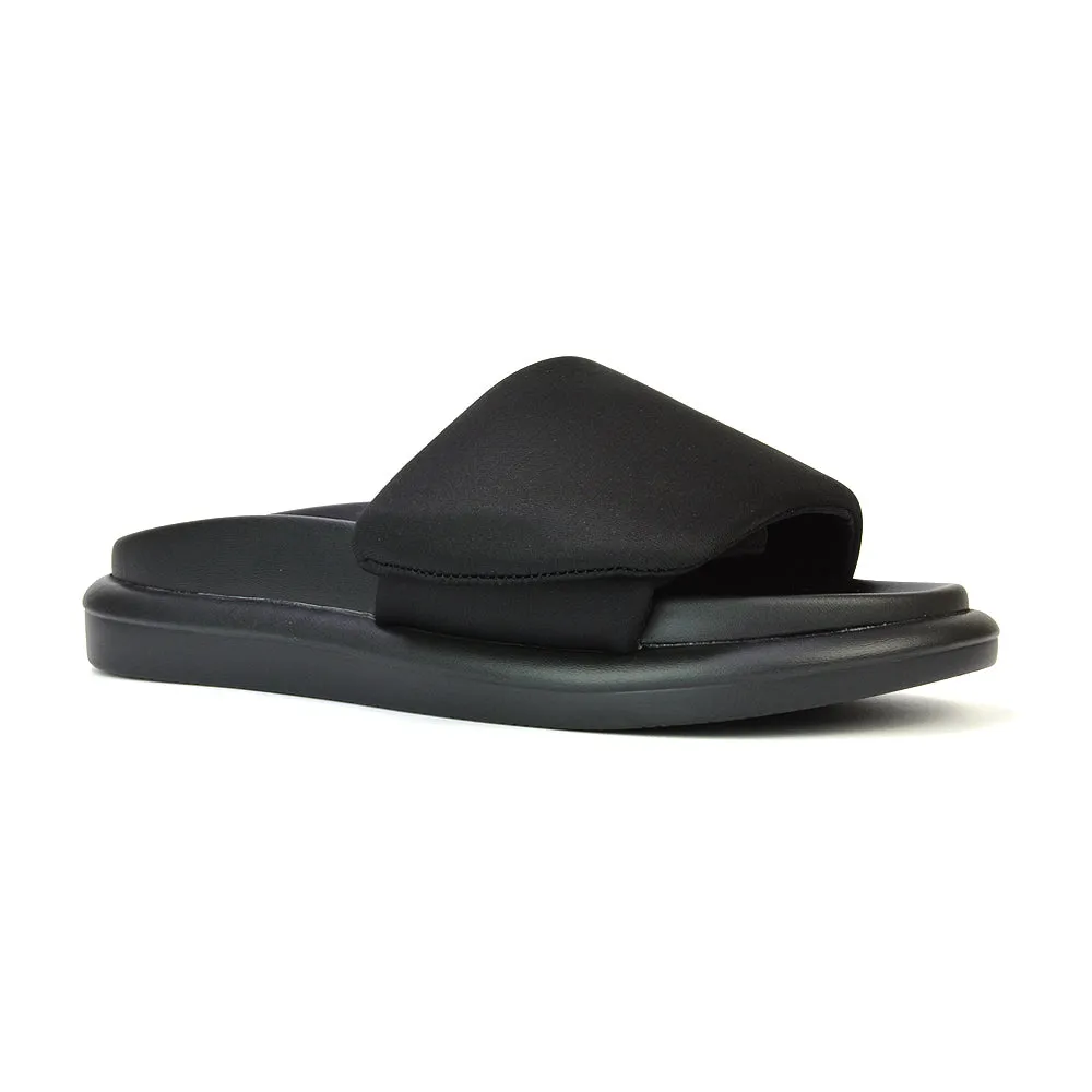 Geri Slip On Adjustable Strap Flatform Slider Flat Sandals in Black