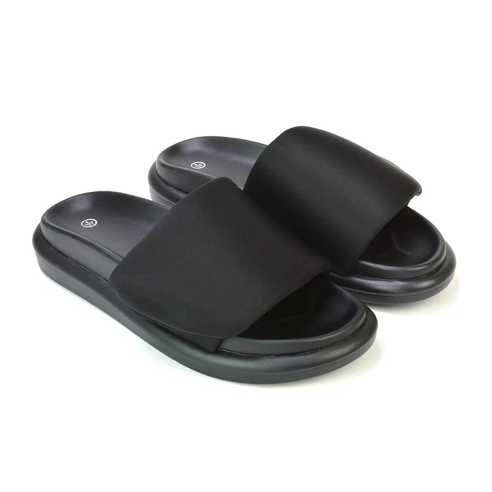 Geri Slip On Adjustable Strap Flatform Slider Flat Sandals in Black