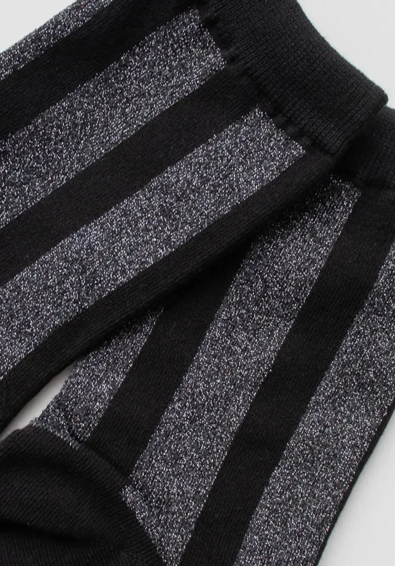 Glitter Striped Crew Socks in Black & Silver