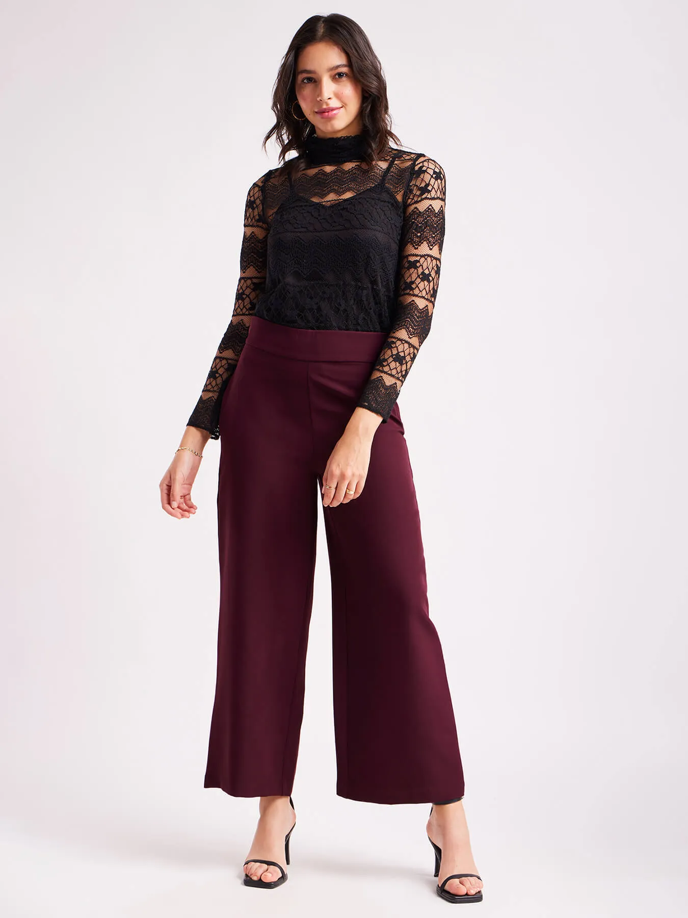 High Waist Wide Leg Trousers - Maroon