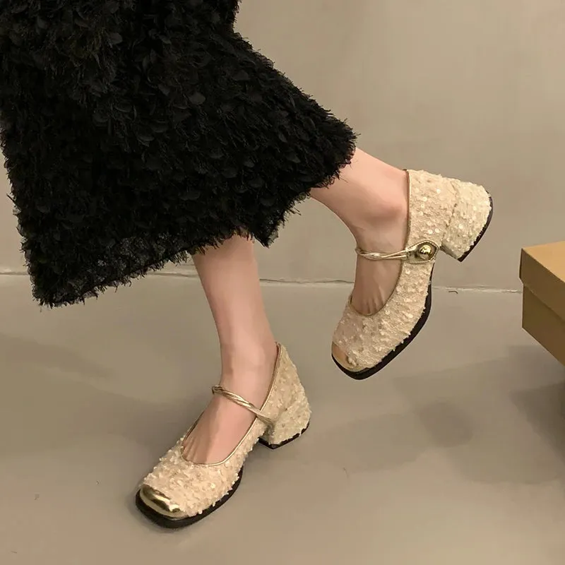 Hnzxzm Luxury Sequin Mary Jane Shoes Ladies Elegance Pumps Square Toe Mid Heel Casual Single Shoes Fashion Lolita Paired With Skirt 39