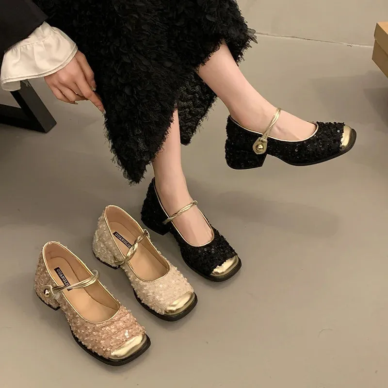 Hnzxzm Luxury Sequin Mary Jane Shoes Ladies Elegance Pumps Square Toe Mid Heel Casual Single Shoes Fashion Lolita Paired With Skirt 39