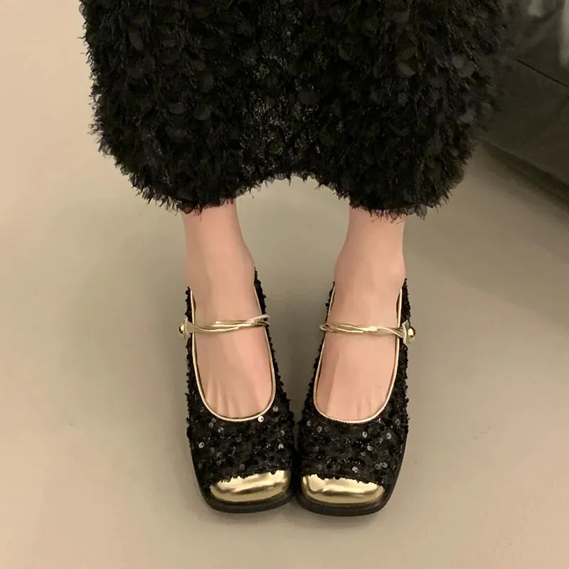 Hnzxzm Luxury Sequin Mary Jane Shoes Ladies Elegance Pumps Square Toe Mid Heel Casual Single Shoes Fashion Lolita Paired With Skirt 39