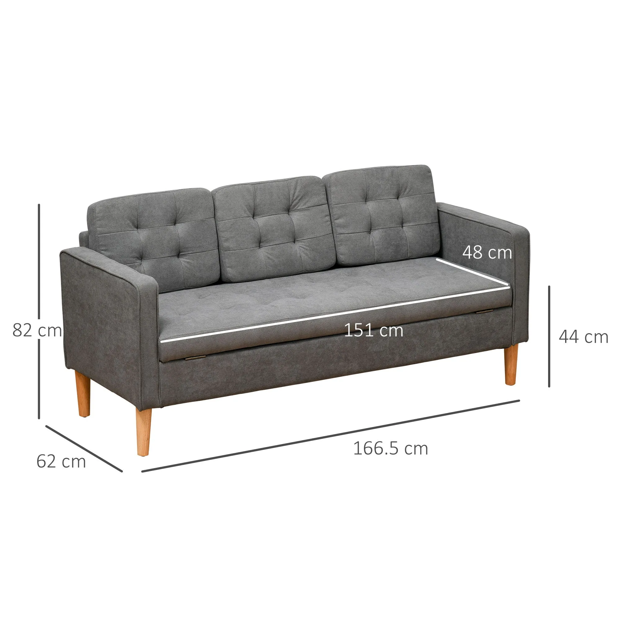 HOMCOM Modern 3-Seater Sofa Button-Tufted Fabric Couch with Hidden Storage Rubberwood Legs for Living Room, Grey