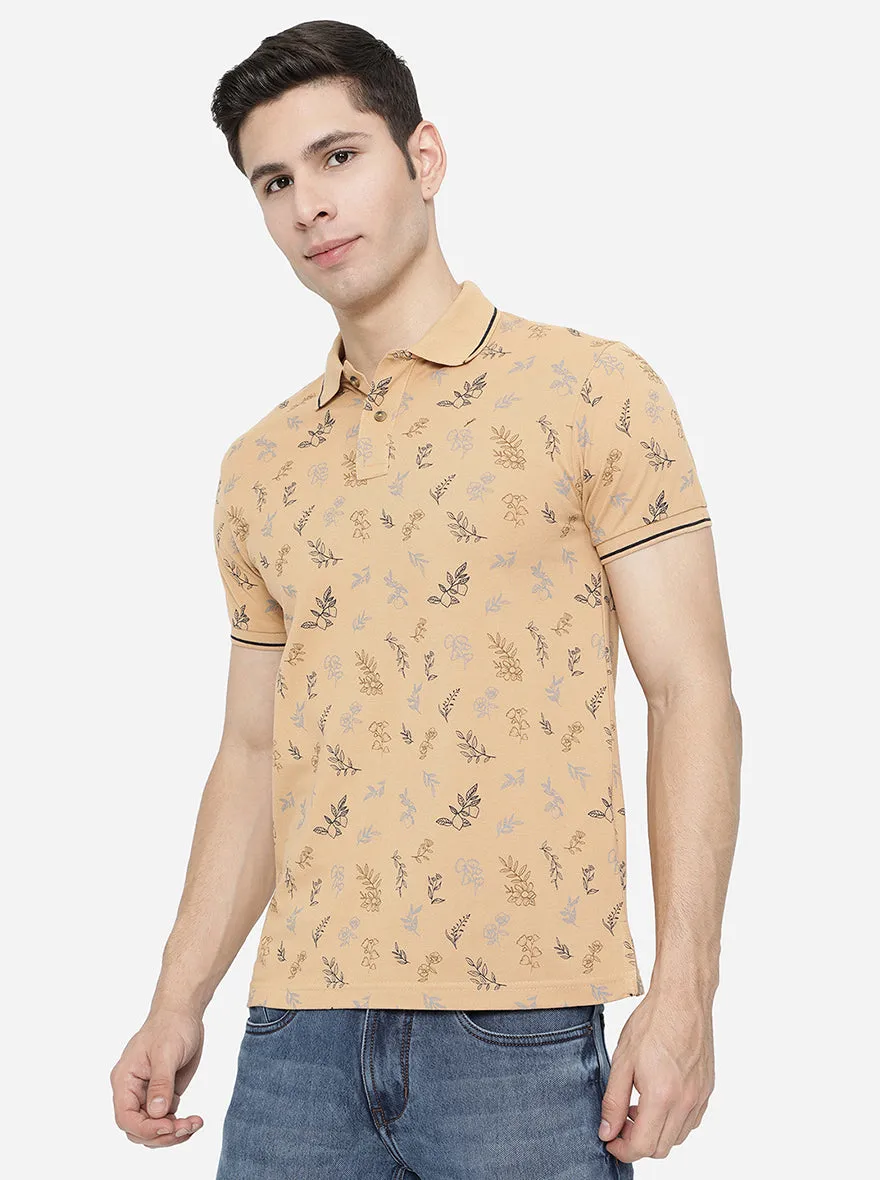 Honey Yellow Printed Slim Fit Polo T-Shirt | Greenfibre