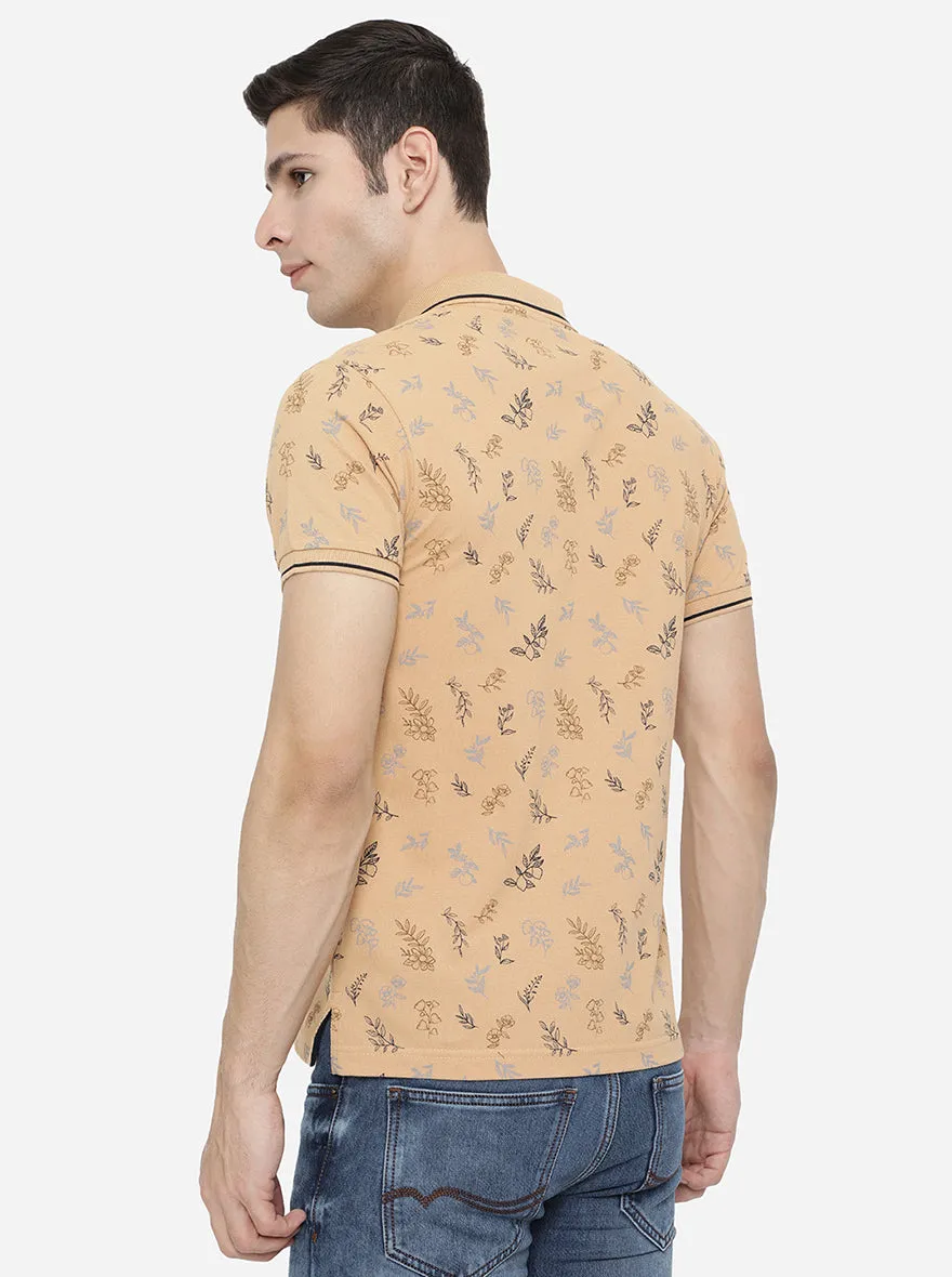 Honey Yellow Printed Slim Fit Polo T-Shirt | Greenfibre