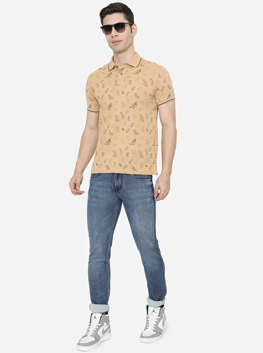 Honey Yellow Printed Slim Fit Polo T-Shirt | Greenfibre