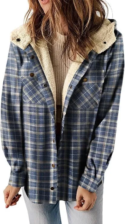 iForgirls Plaid Shacket Jacket Long Sleeve Button Down Fleece Hooded Jackets Warm Coat