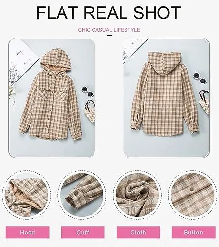 iForgirls Plaid Shacket Jacket Long Sleeve Button Down Fleece Hooded Jackets Warm Coat