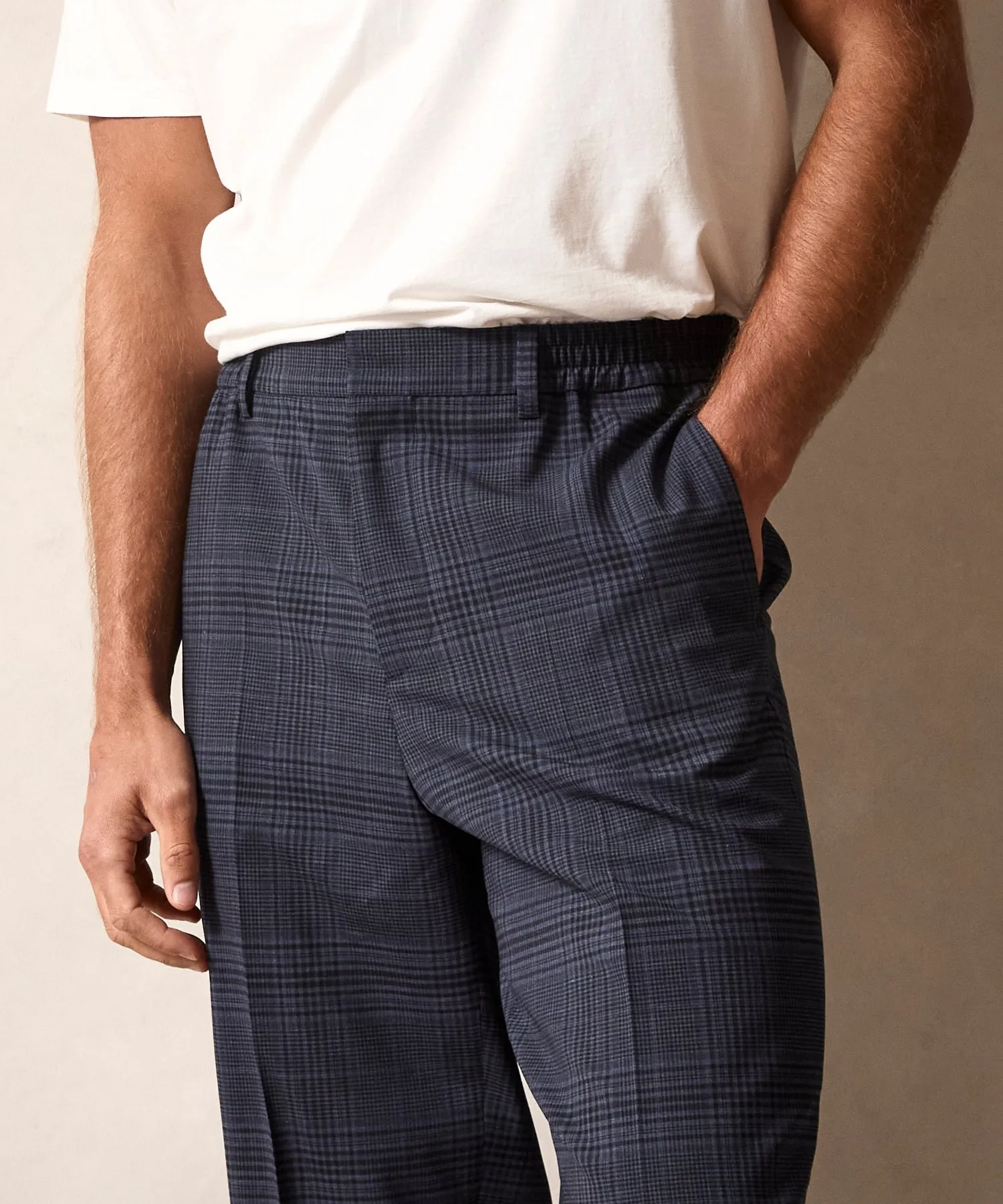 Italian Wool Side Elastic Trouser in Navy Glen Plaid