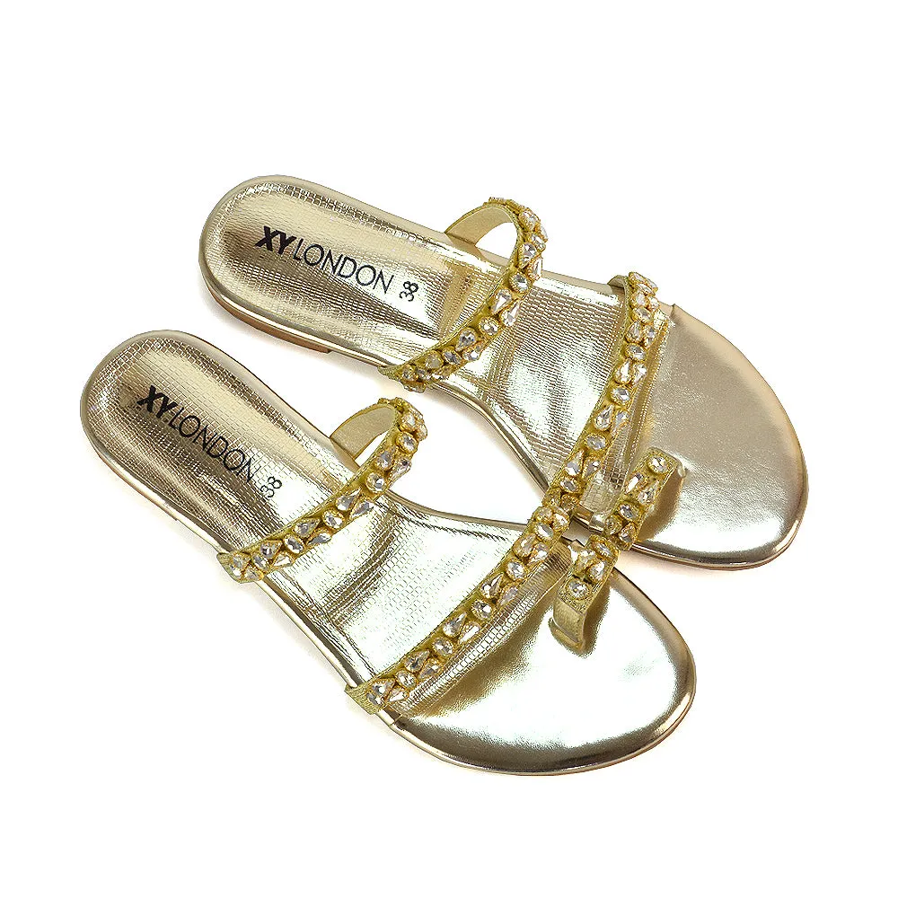 Jordana Diamante Flat Sandals Toe Post Rhinestone Summer Slides in Black