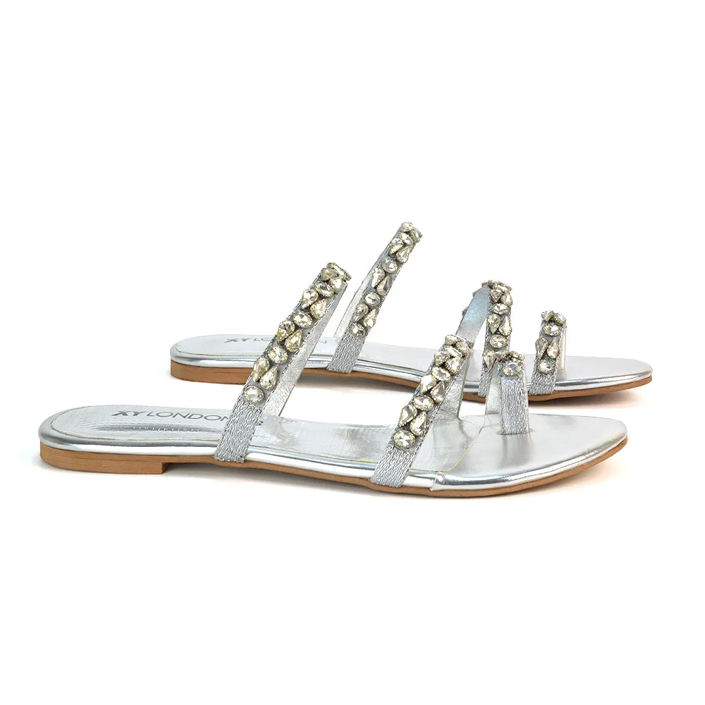 Jordana Diamante Flat Sandals Toe Post Rhinestone Summer Slides in Black