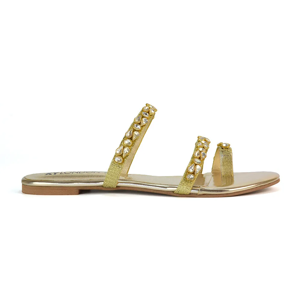 Jordana Diamante Flat Sandals Toe Post Rhinestone Summer Slides in Black