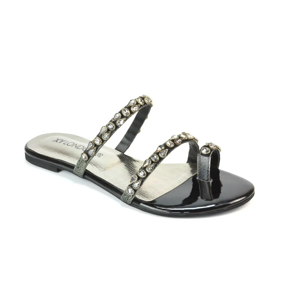 Jordana Diamante Flat Sandals Toe Post Rhinestone Summer Slides in Black