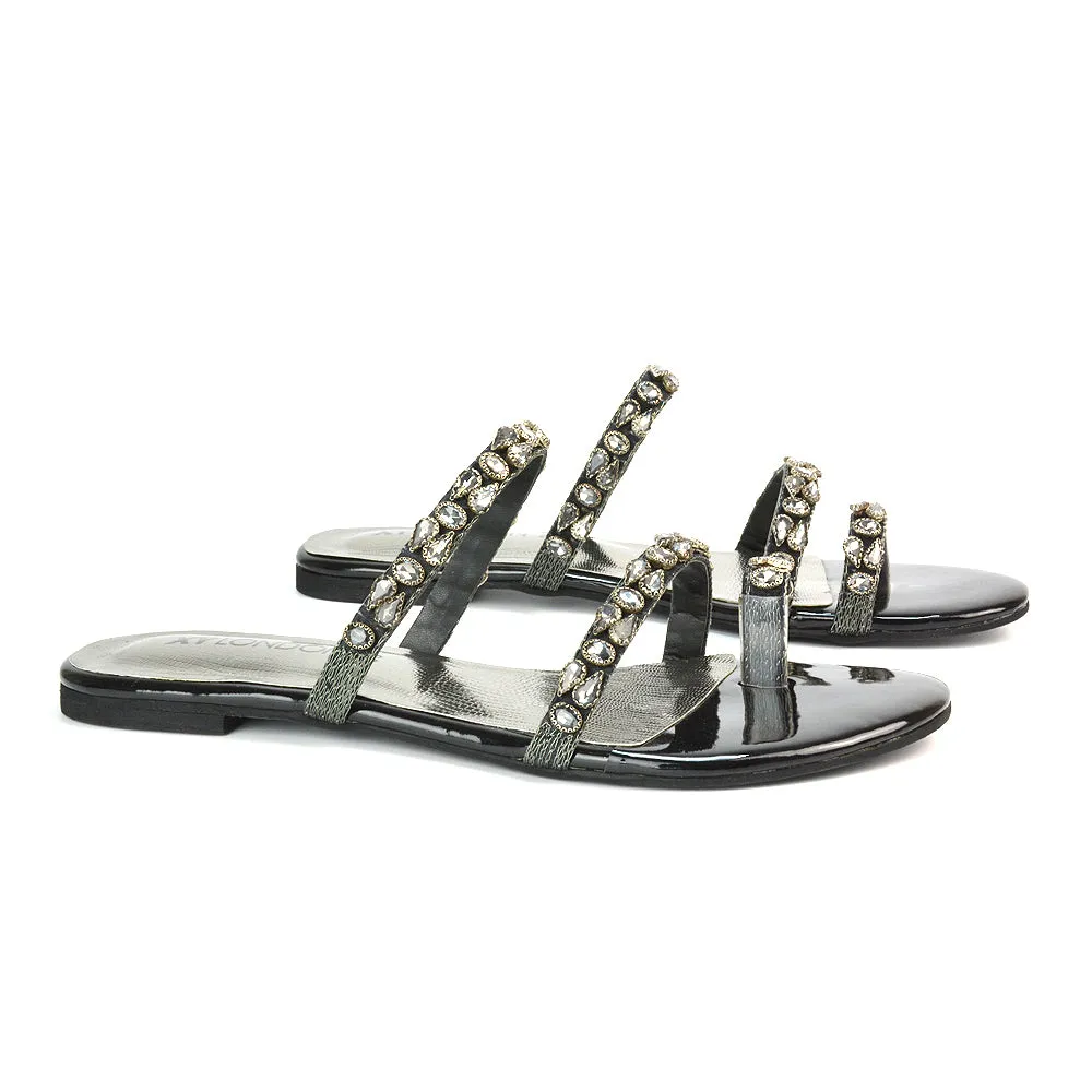 Jordana Diamante Flat Sandals Toe Post Rhinestone Summer Slides in Black