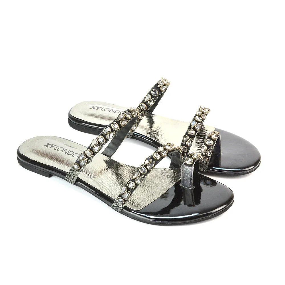 Jordana Diamante Flat Sandals Toe Post Rhinestone Summer Slides in Black