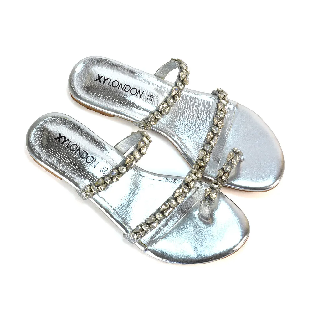 Jordana Diamante Flat Sandals Toe Post Rhinestone Summer Slides in Black