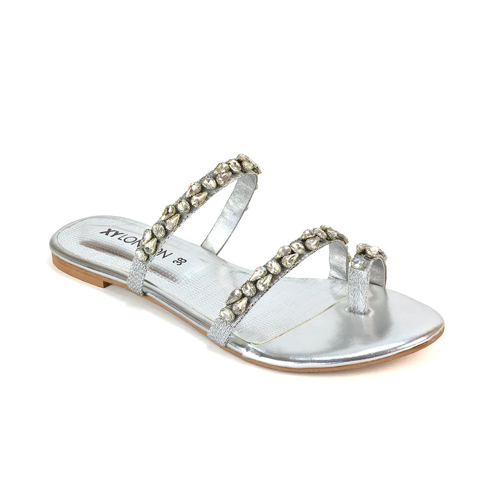 Jordana Diamante Flat Sandals Toe Post Rhinestone Summer Slides in Black