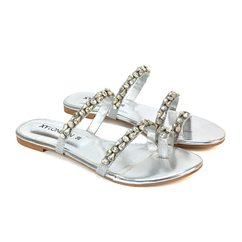 Jordana Diamante Flat Sandals Toe Post Rhinestone Summer Slides in Black