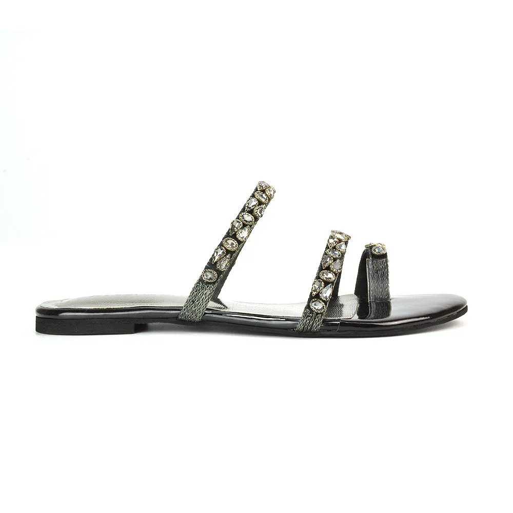 Jordana Diamante Flat Sandals Toe Post Rhinestone Summer Slides in Black