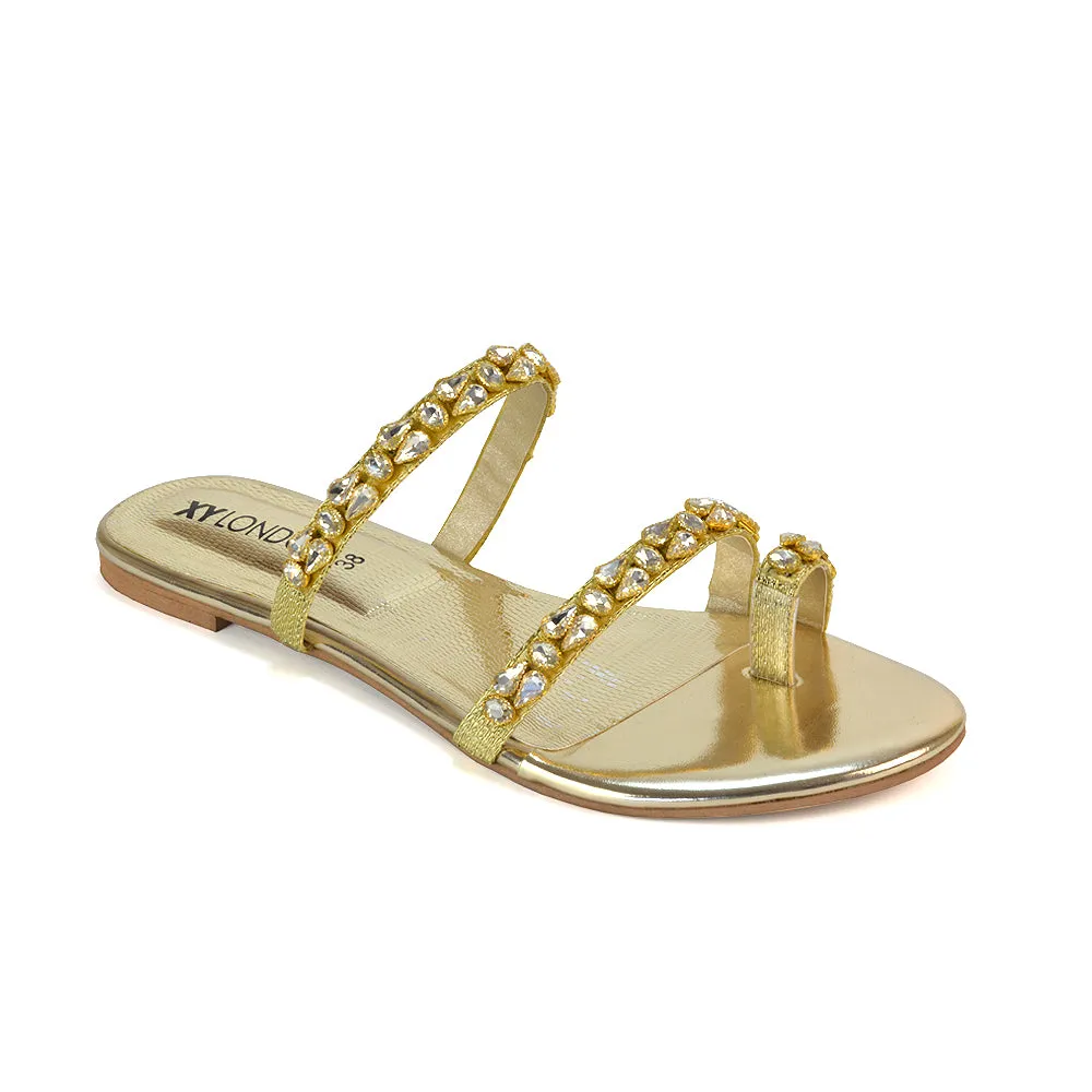 Jordana Diamante Flat Sandals Toe Post Rhinestone Summer Slides in Gold