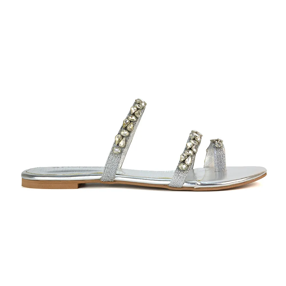 Jordana Diamante Flat Sandals Toe Post Rhinestone Summer Slides in Gold