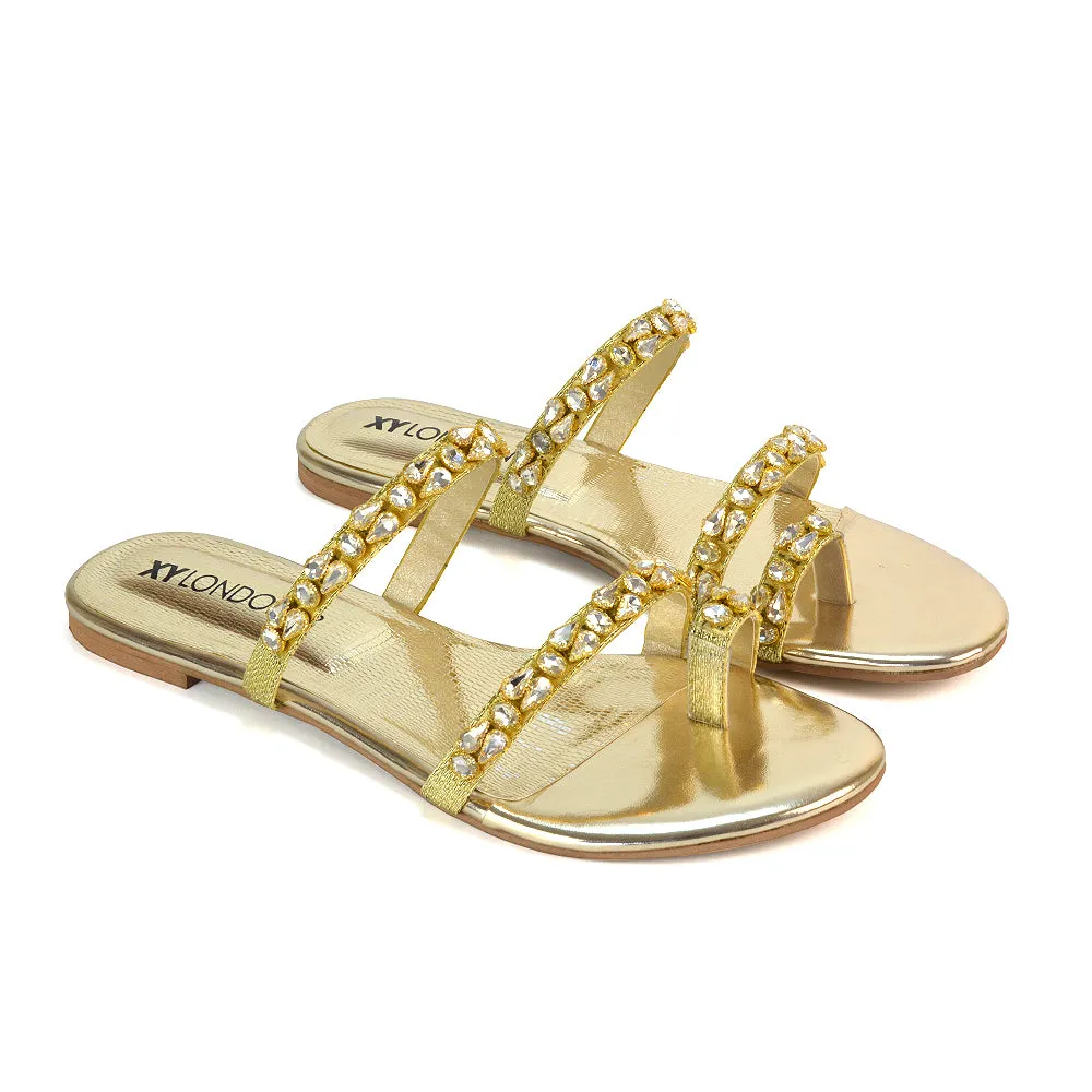 Jordana Diamante Flat Sandals Toe Post Rhinestone Summer Slides in Gold