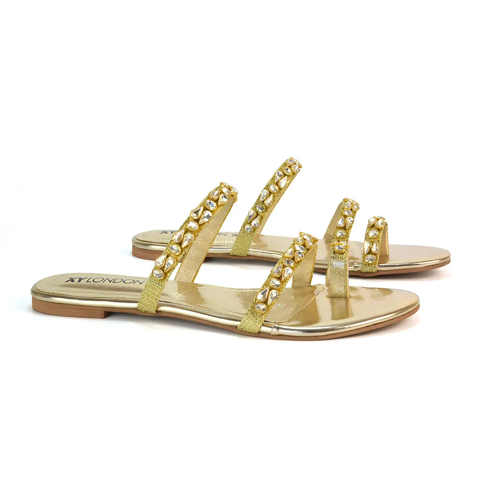 Jordana Diamante Flat Sandals Toe Post Rhinestone Summer Slides in Gold