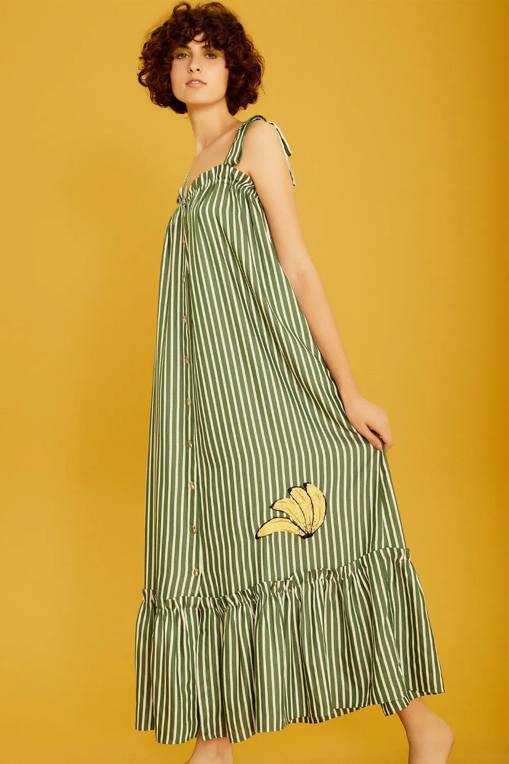 Josephine Striped Long Dress with Banana Detail