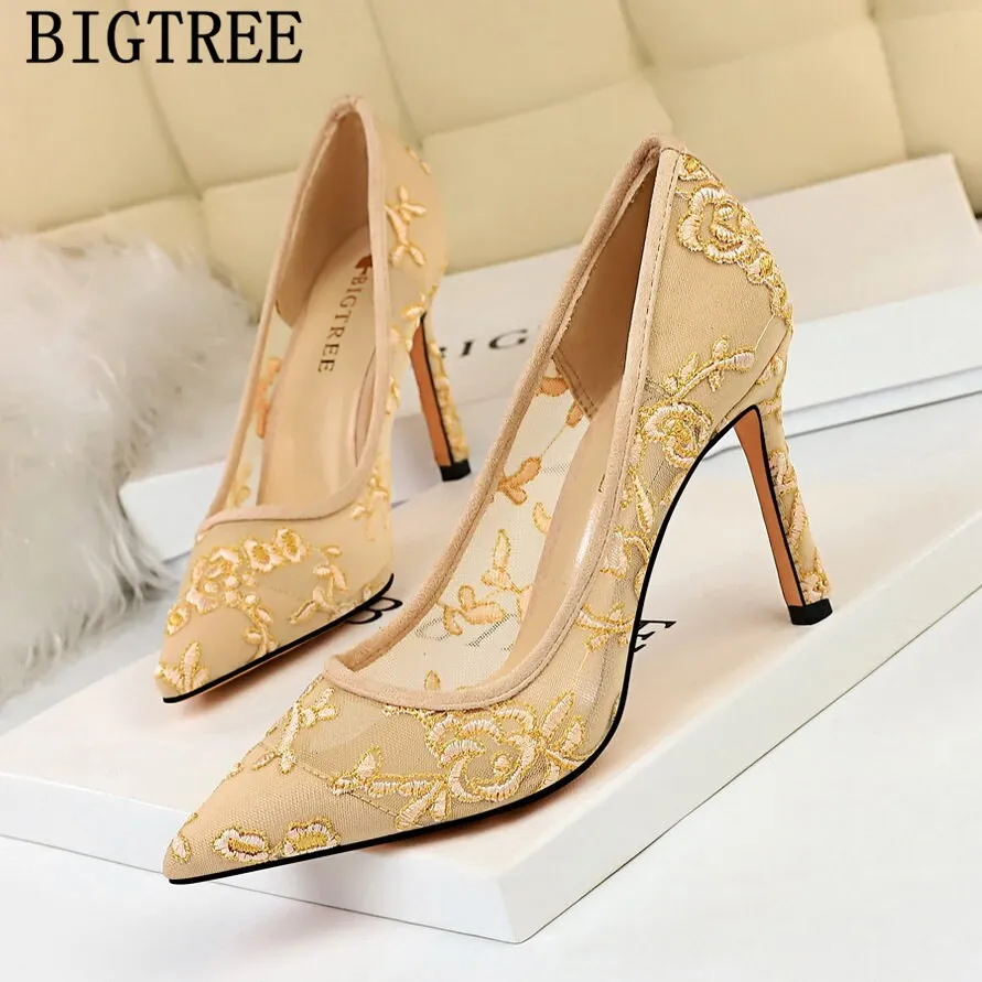 Joskaa Shoes Women Embroidered Ladies Heels Pumps Women Shoes Fetish High Heels Tacones Luxury Shoes Women Designers Black Heels