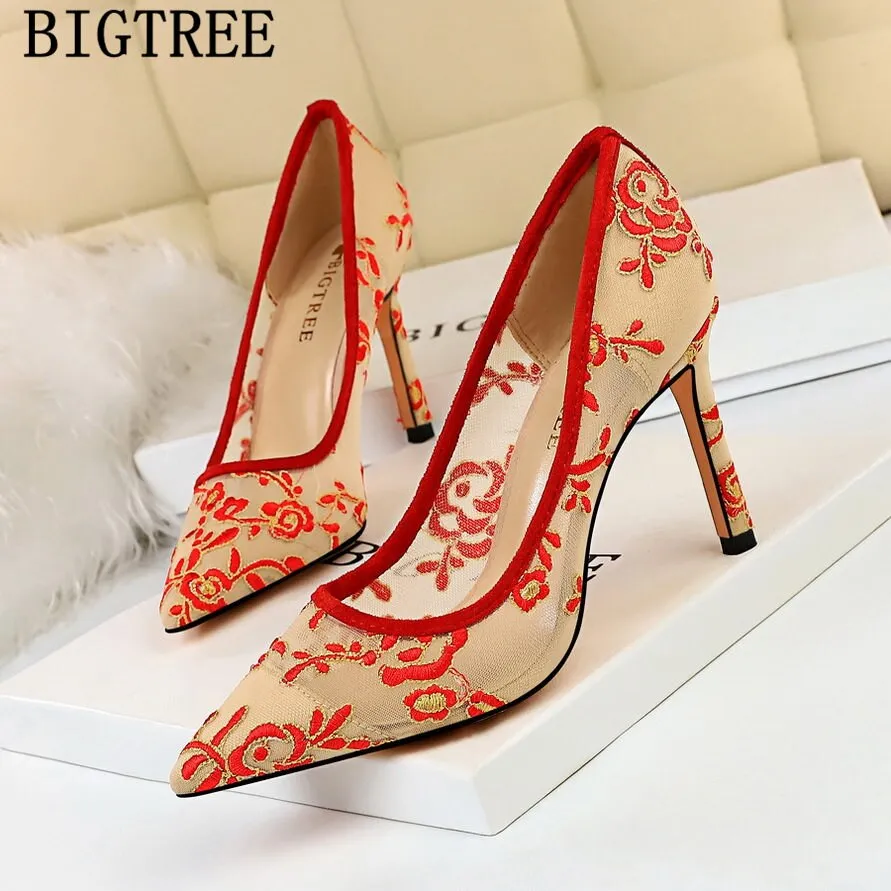 Joskaa Shoes Women Embroidered Ladies Heels Pumps Women Shoes Fetish High Heels Tacones Luxury Shoes Women Designers Black Heels