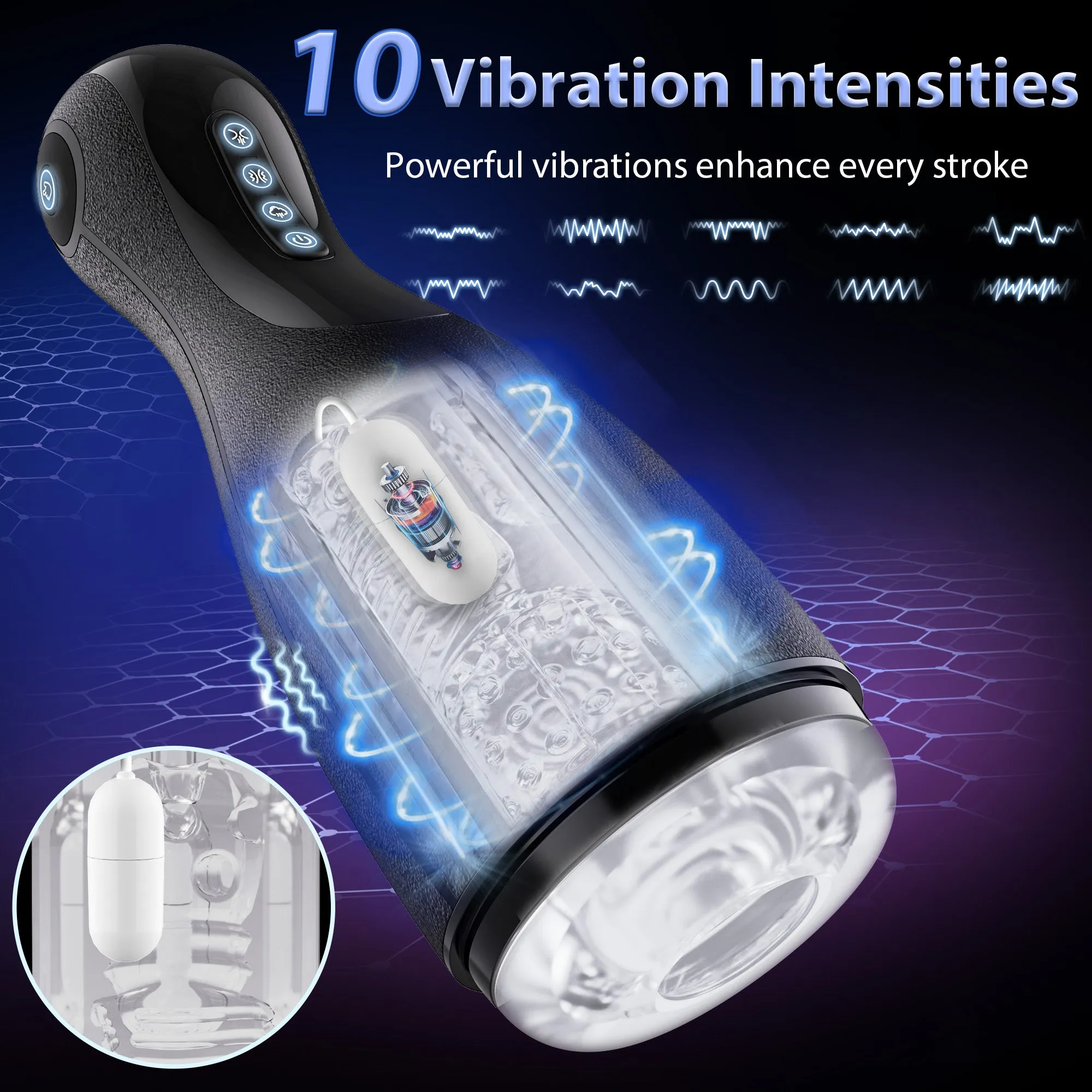 KERERO Male Sex Toy with 3 Squeezing Modes, 3 Suctions & 10 Vibrations