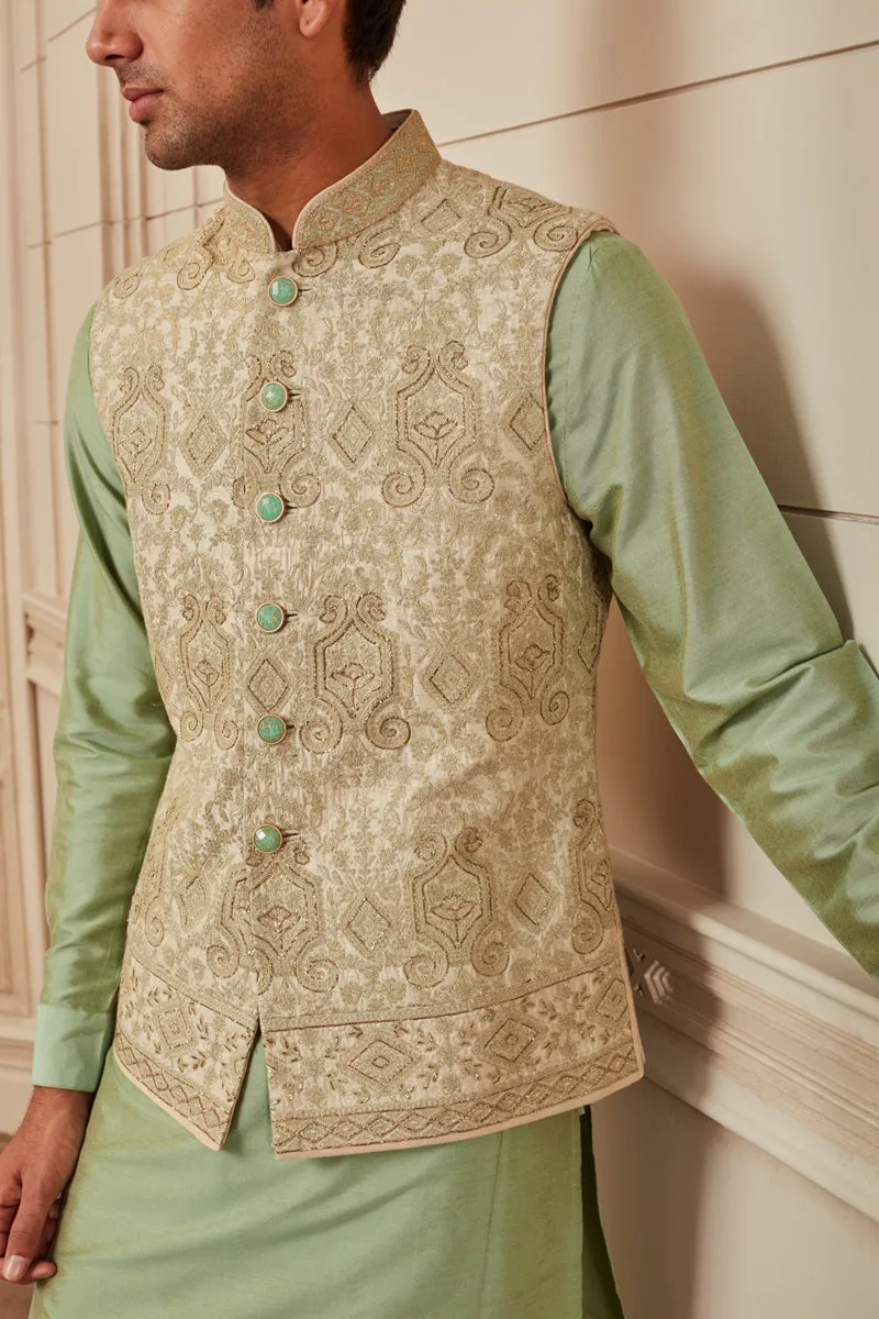 Light Green Embroidered Silk Brocade Kurta Bundi Set