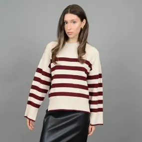 LIGHTWEIGHT STRIPE CREWNECK SWEATER (CREAM AND BURGUNDY)